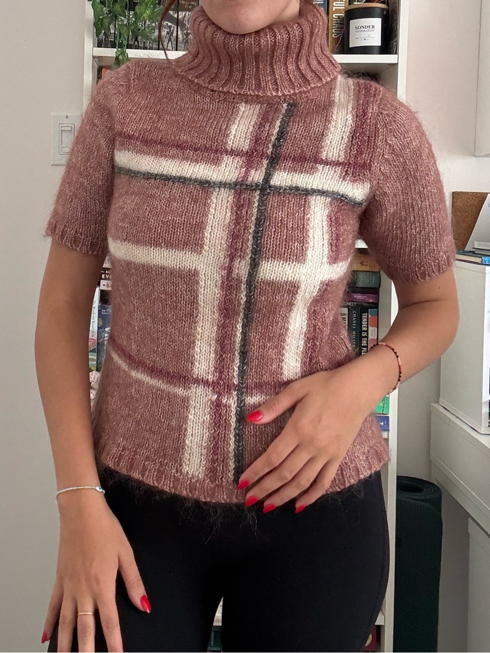 Mauve Plaid Short-Sleeve Turtleneck Sweater